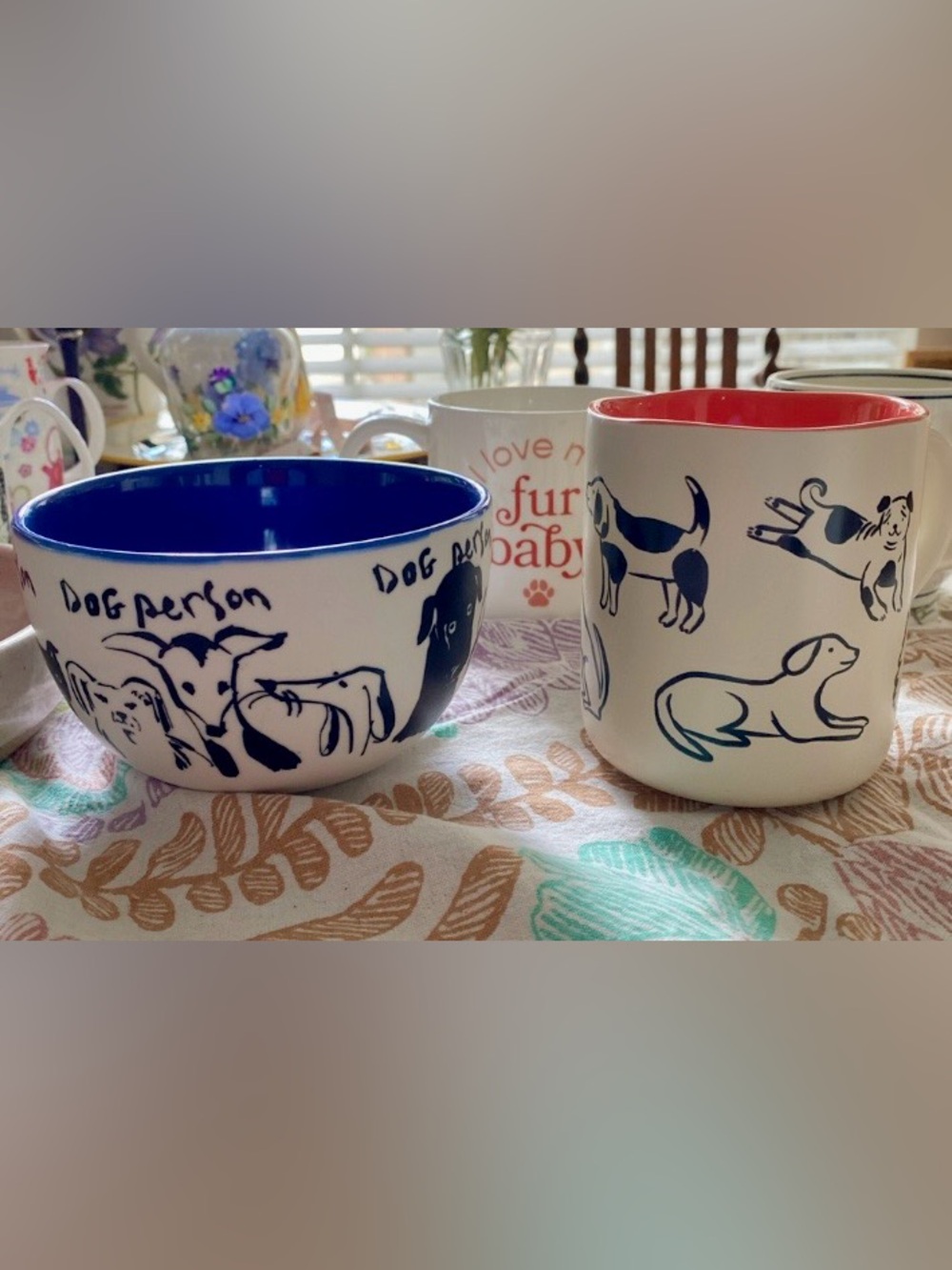 2 Mugs and a Bowl that say you Love Dogs!  Blue/White Bowl, Orange & White Mugs